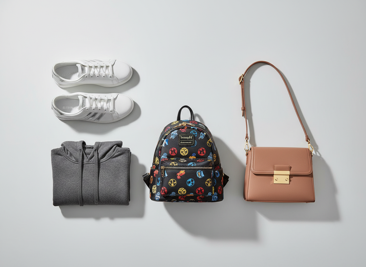 A curated flat lay of premium fashion accessories arranged on a seamless light gray studio surface: a pair of modern white leather sneakers with clean lines and subtle reflective accents, a folded charcoal performance hoodie, a compact black Loungefly backpack with a collectible pop-culture pattern, and a structured nude-tone women’s crossbody bag with polished metal hardware. Soft, even studio lighting from above and slightly to the left creates gentle shadows and crisp highlights, emphasizing textures of leather, nylon, and knit fabric. Shot from a perfectly overhead perspective with sharp focus across the frame, the composition feels organized and professional, ideal for an online storefront hero image with a clean, modern, photographic realism aesthetic.